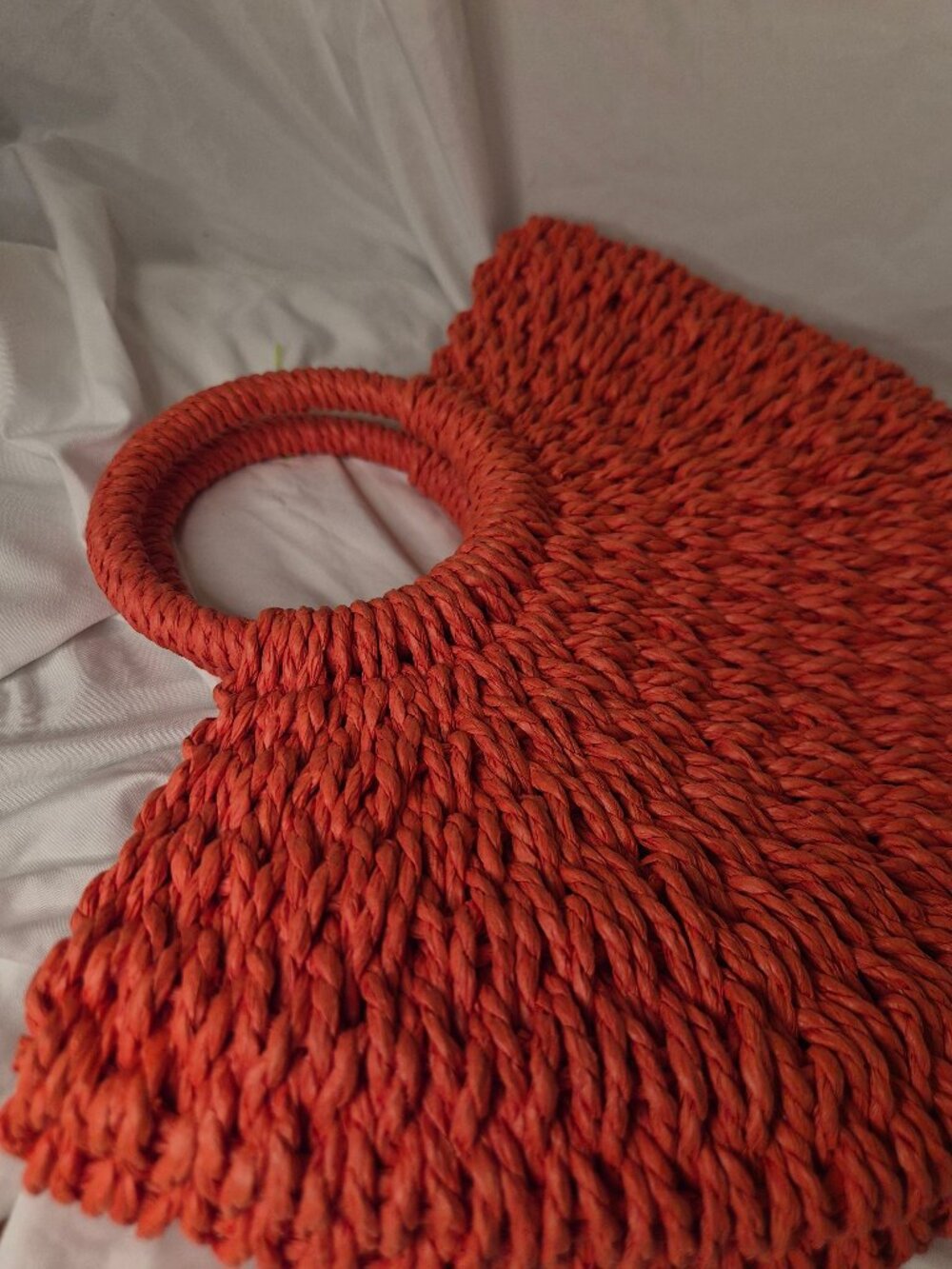 Coral Orange Woven Straw Half Moon Tote Bag Round Top Handle Summer Beach Boho - Picture 6 of 6